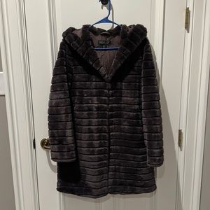 Faux fur dark gray coat with three hook closures coat is knee length never worn